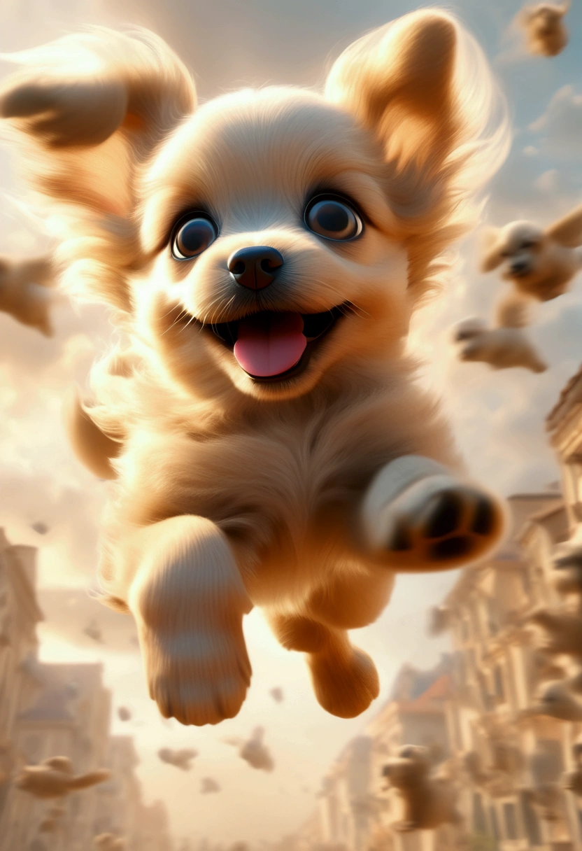 (Flying Puppy), motion blur, full body, award-winning, cinematic still, emotional, vignette, dynamic, vivid, (masterpiece, best quality, Professional, perfect composition, very aesthetic, absurdres, ultra-detailed, intricate details:1.3)
