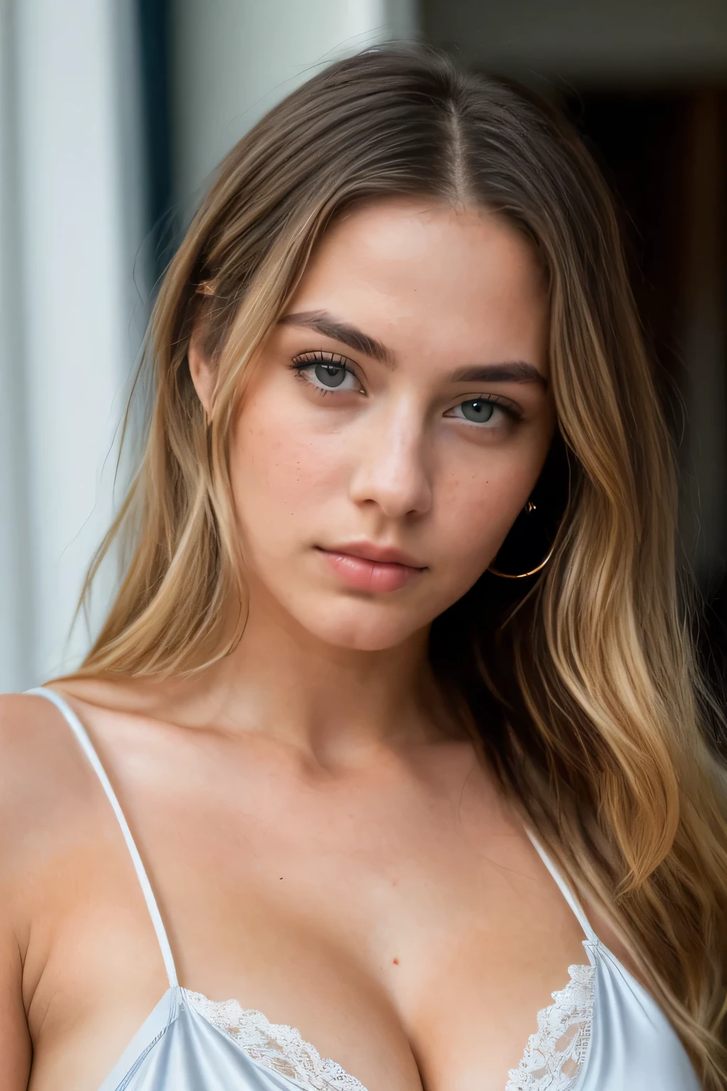 (portrait photo) of 22 years old girl, ((((white tight night gown with cleavage)))), empty room, looking at camera, (((sad, frightened face))), hyper-realistic skin, pores and freckles, (((blonde hair)),((blue eyes)), healthy sun-kissed skin, she's in dark with natural light glow, radiant skin , sultry, tantalizing, perfectly framed face, perfect relaxed hands, perfect fingers, nail polish, (perfect portrait, incredible eyes:1.1),, golden ratio, (highest quality fabric texture), every detail,Fine facial features – (Highest Quality) ,Leica camera film, High quality ○○ detailed – ○○ details ultra detailed(Ultra-fine ), Photorealistic, (Extremely detailed) , (highest detail image, lens flare, realistic) resolution ultra high res(A high resolution),((best quality)), ((masterpiece)), (detailed), perfect face, ((supermodel childish face)), (close up face and cleavage)