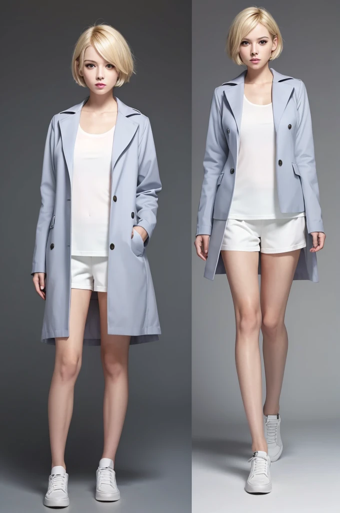 Woman, tall, full body, blonde, boyish short hair, expressionless, big breasts, mod coat, short pants, gal