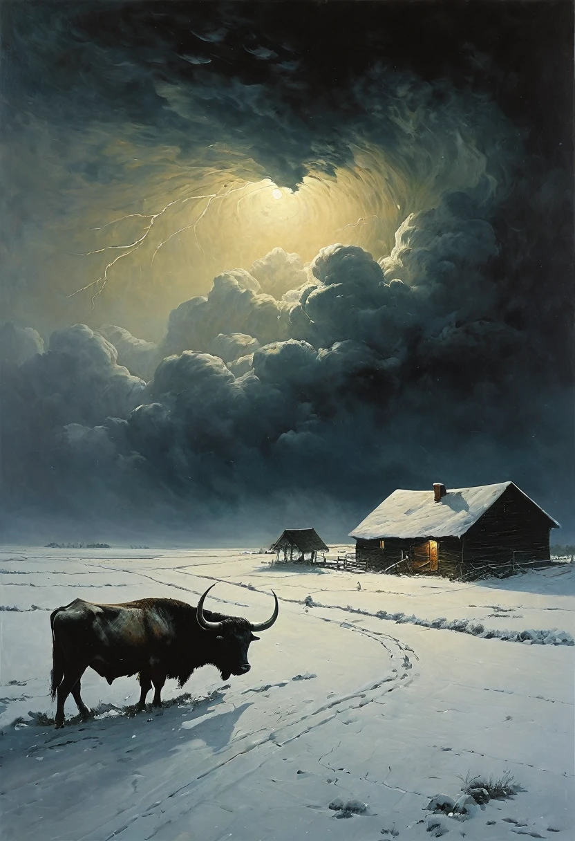 A storm with darkness covers the sky with swirling snow whirlwinds, then it howls like an ox, then it cries like a , digital painting, high quality the darkest and longest night of the year, style by Andrew Wyeth, Charlie Bowett, Albert Joseph Penaud, Dariusz Zawadzki. Tetsuya Ishida. Zdzislaw Beksinski. Patrizia Piccinini. Mark Powell. Ralph Blakelock, Ed Emshwiller, Marianne Wroten, (best quality, masterpiece 1.2) - ((best quality)), ((masterpiece)) (detail), 16k.
