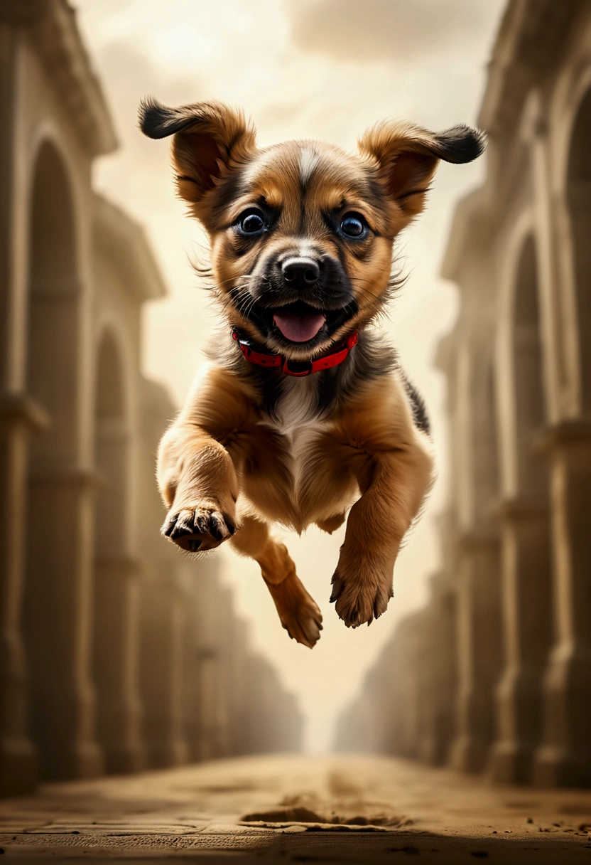 (Flying Puppy), motion blur, full body, award-winning, cinematic still, emotional, vignette, dynamic, vivid, (masterpiece, best quality, Professional, perfect composition, very aesthetic, absurdres, ultra-detailed, intricate details:1.3)