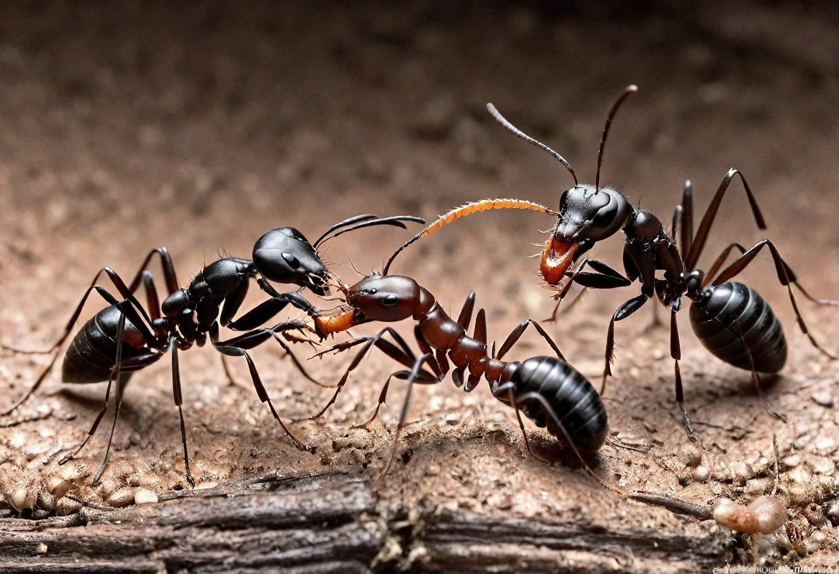The ant fiercely attacks the worm, using its huge mandibles and menacing appearance to intimidate its opponent.