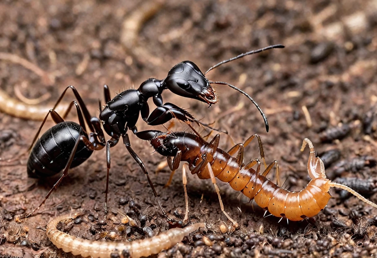 The ant fiercely attacks the worm, using its huge mandibles and menacing appearance to intimidate its opponent.