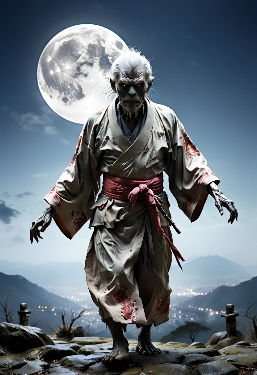 Full moon in the sky、Brilliant Light、Horror-themed movie stills,、An old man monster wearing a kimono