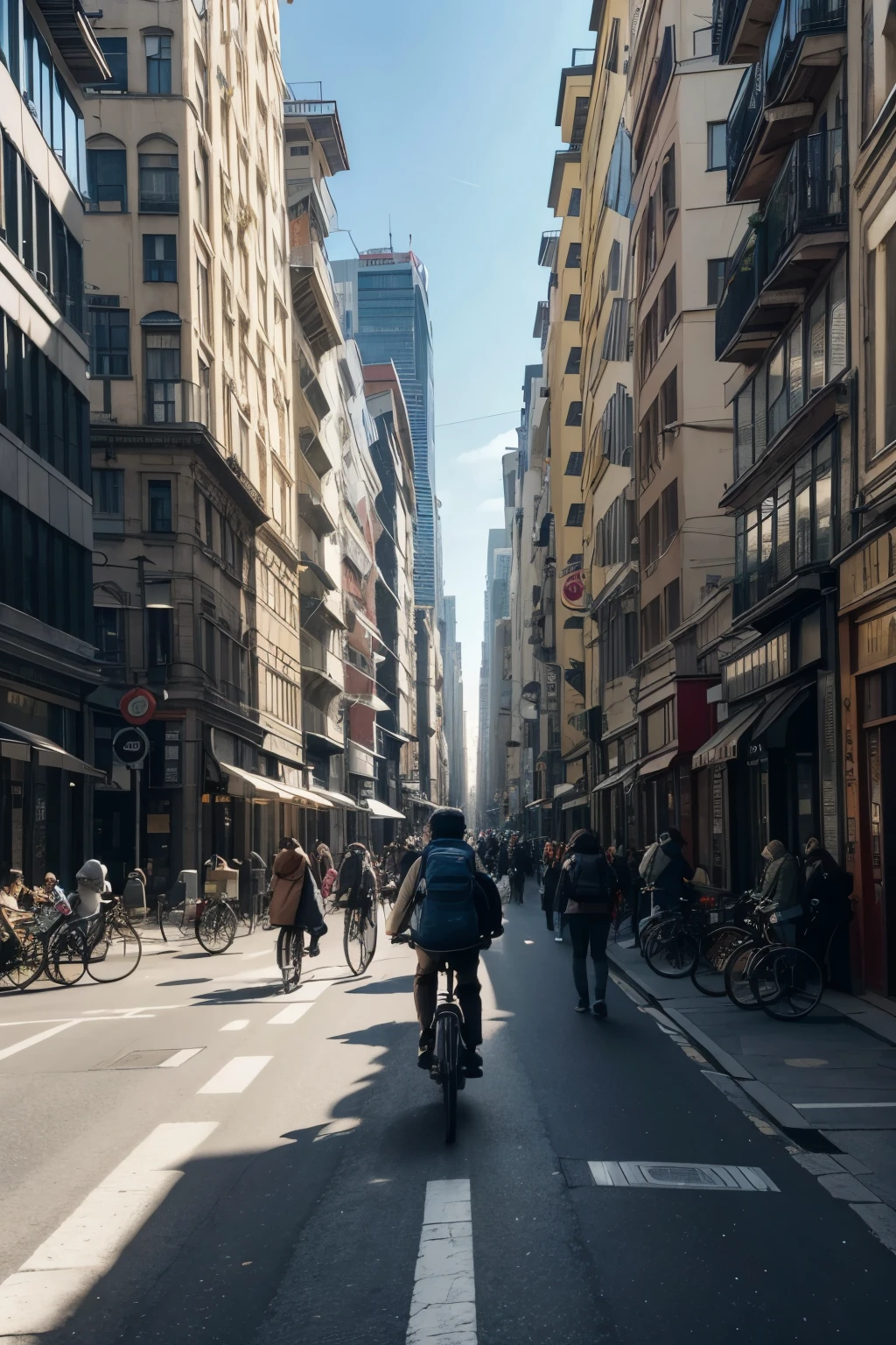 futurecity, giorno, a busy city street full of people walking and cycling. The street is flanked by tall buildings, creating a futuristic atmosphere. There are countless people walking down the sidewalk, some carrying bags and backpacks. Some individuals are riding bicycles, adding to the animated scene.