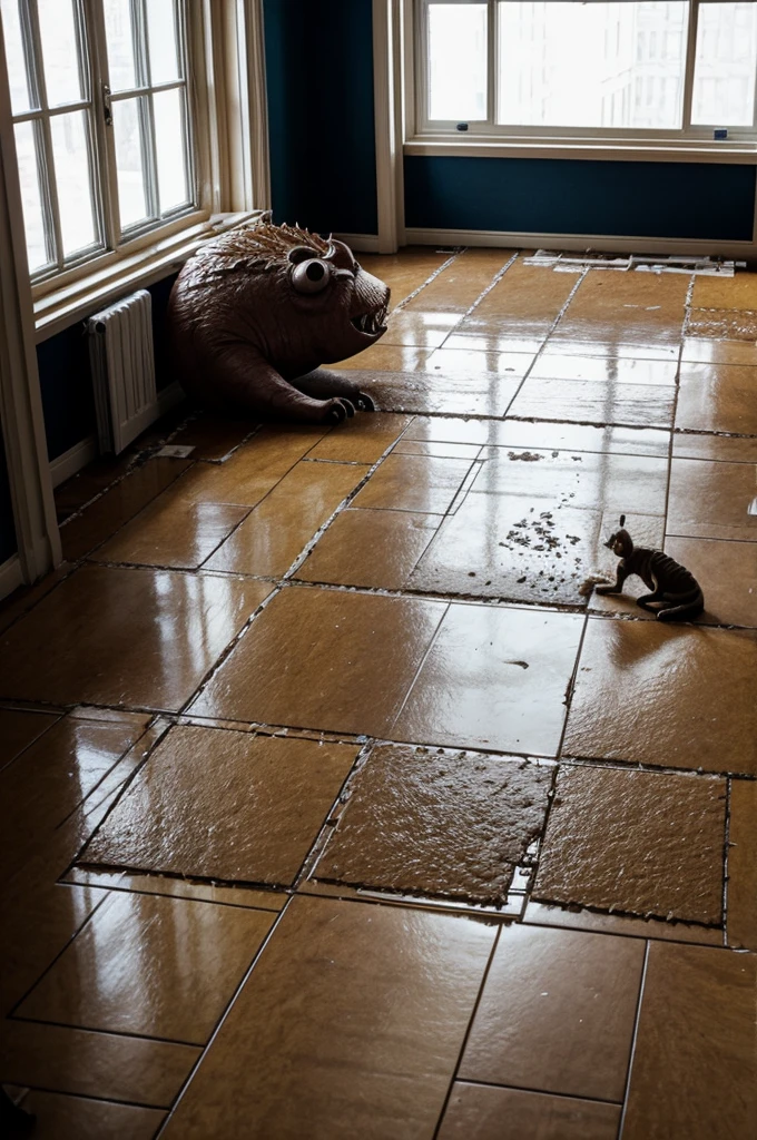 Here is a concise prompt:
"A monster is stuck to the glue floor near a window,