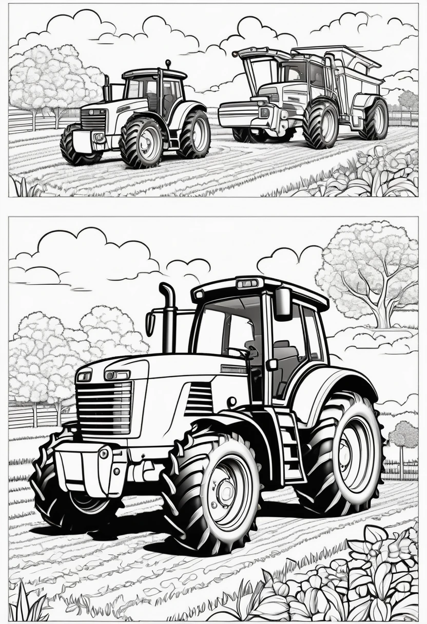 coloring page for kids, Various farm machinery, cartoon style, thick lines