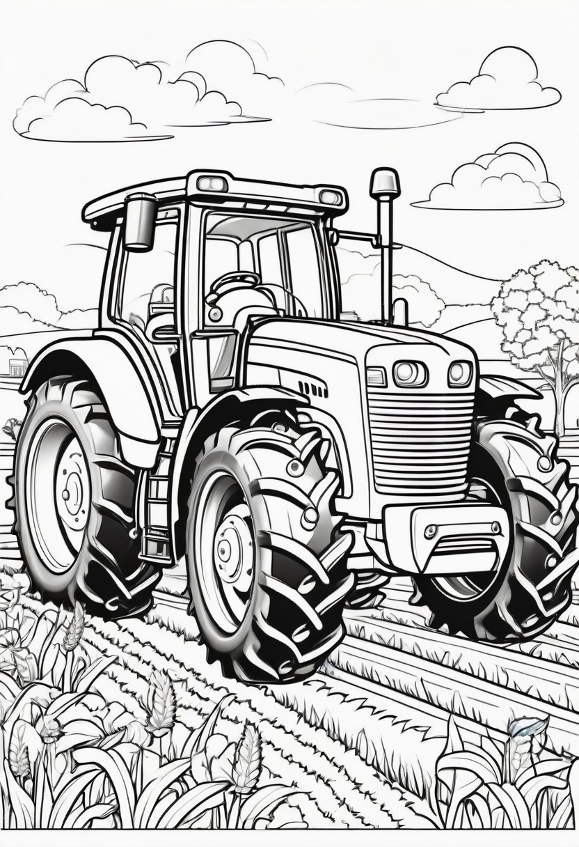 coloring page for kids, Various farm machinery, cartoon style, thick lines
