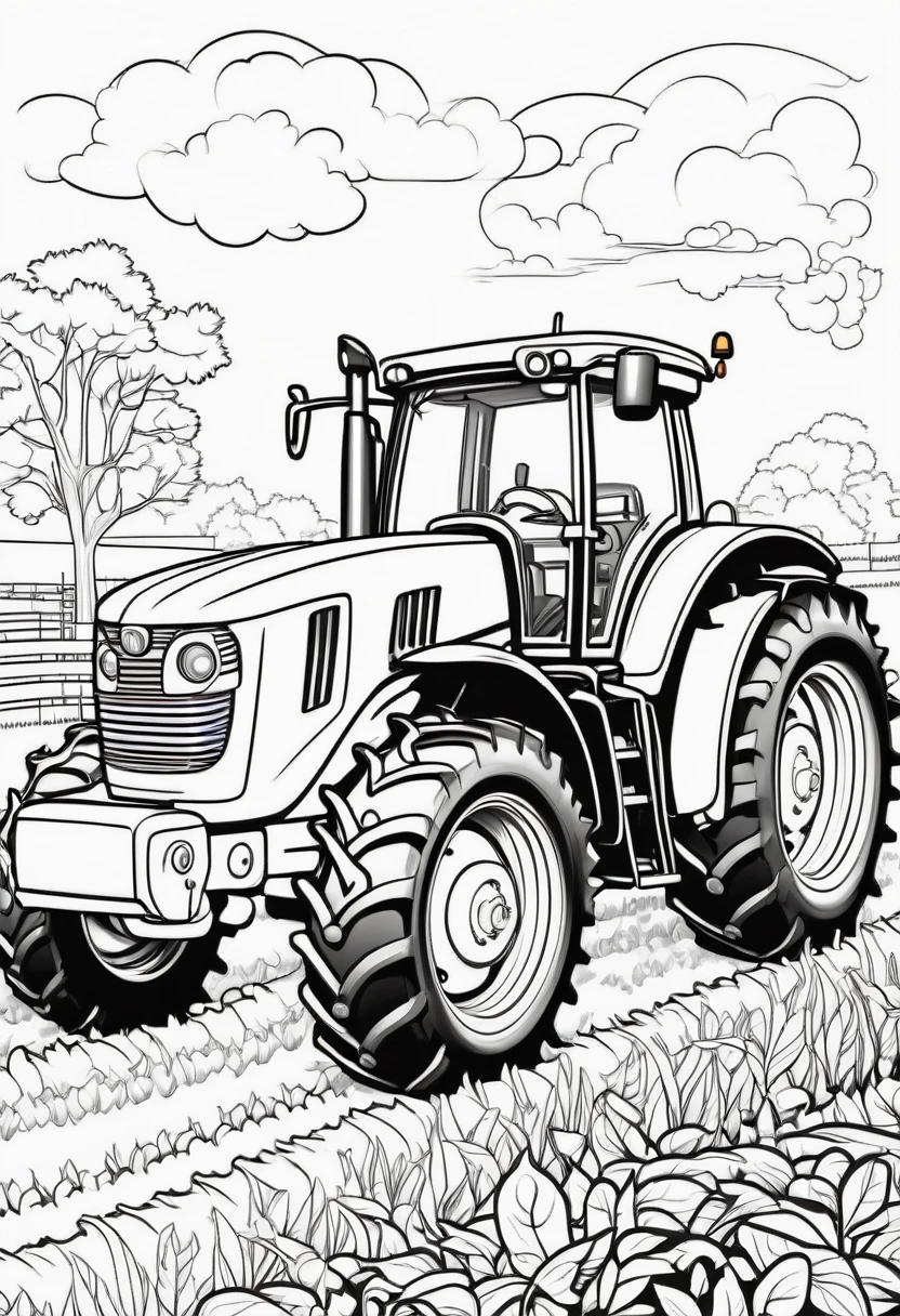 coloring page for kids, Various farm machinery, cartoon style, thick lines