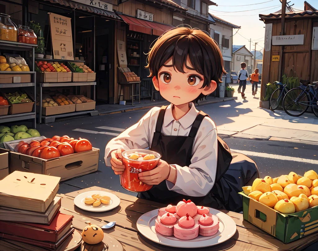 "Villager (boy) realizes the sweets are lighter, looking suspicious."