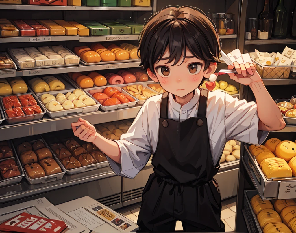 "Villager (boy) realizes the sweets are lighter, looking suspicious."
