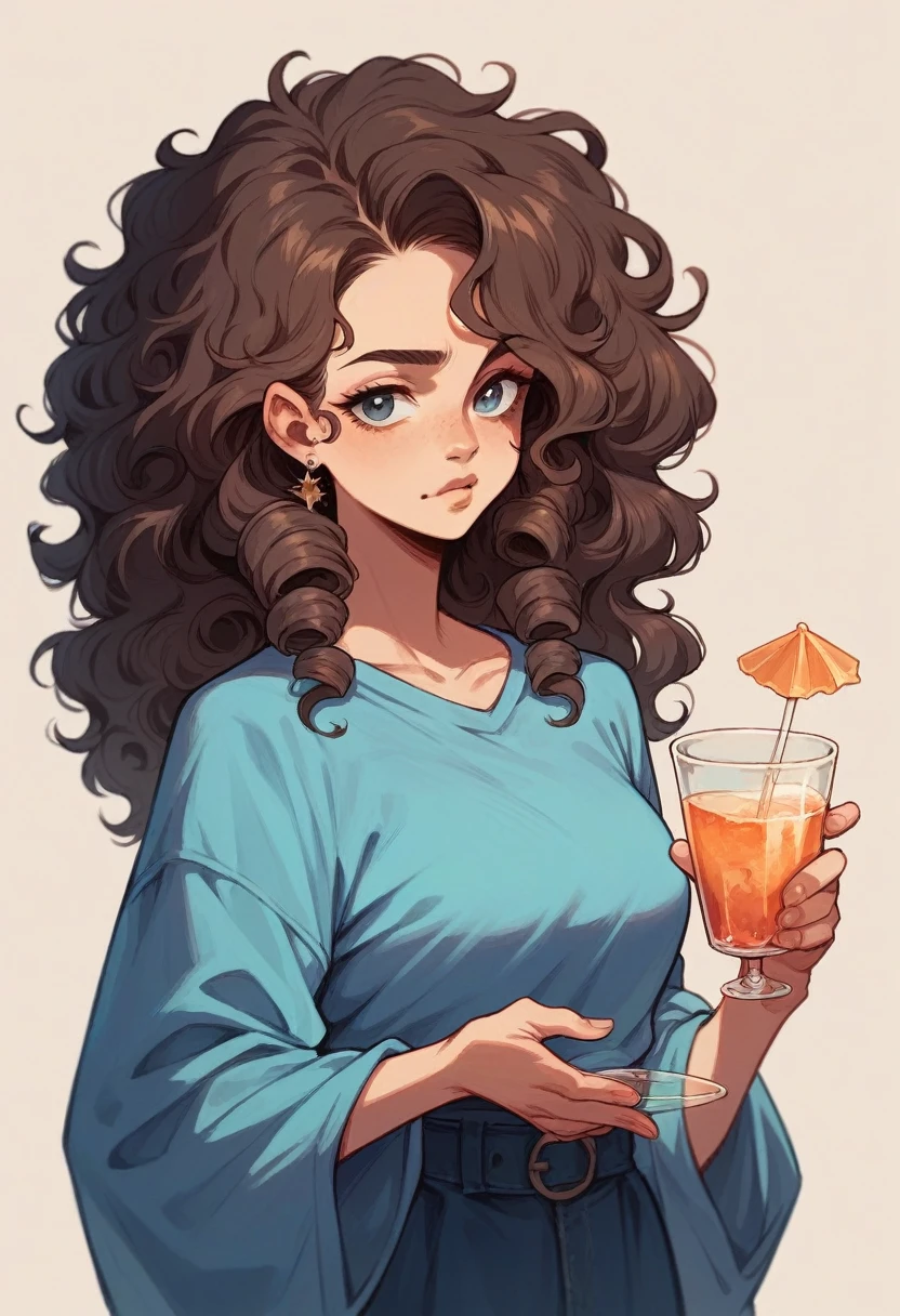 Woman, brunette big hair, curled hair, holding a glass of drink. blue clothing
