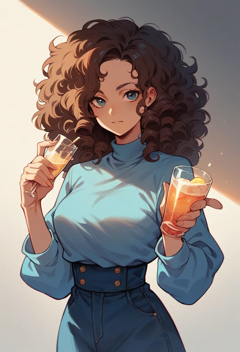 Woman, brunette big hair, curled hair, holding a glass of drink. blue clothing