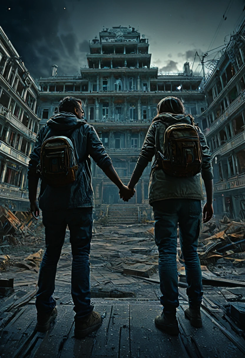 ((friendship)), end of the world, epic realistic, (hdr:1.4), (muted colors:1.4), apocalypse, abandoned, neutral colors, night, screen space refractions, (intricate details), (intricate details, hyperdetailed:1.2), artstation, cinematic shot, vignette, complex background, building,((holding hands))