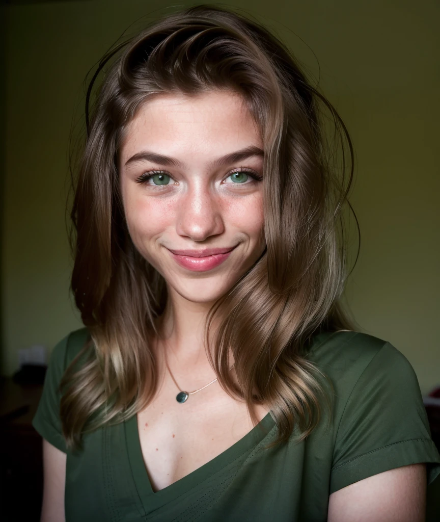 Photography, close up, young woman with long hair looking at viewer, at night, with a wide smile, wearing a green shirt, conforting, caring, beautiful, pretty, in a dark bedroom, lifelike skin texture, skin pores, natural light, warm colors, best quality, high res, detailed  