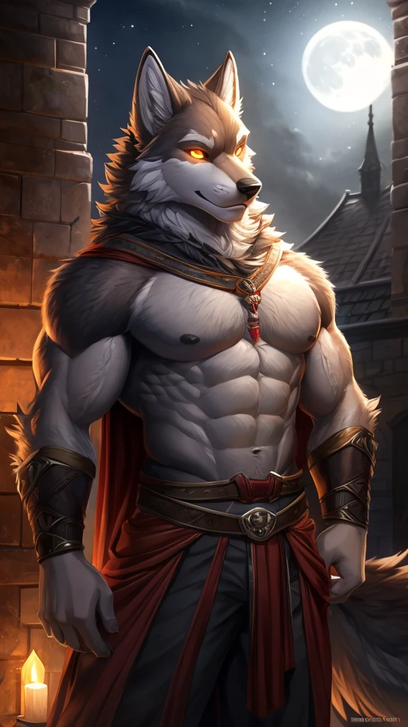 male wolf, full body covered in fluffy fur, , large muscular chest, volumetric abdomen, day, sensual, detailed, uploaded to e621, beautiful and detailed portrait of an anthropomorphic gray wolf (((male))) subtract, ross tran, ruanjia , uploaded to e621, zaush, fox, Film lighting, moon lights, glowing eyes, Gray Skin, he is wearing brown color medieval time pants 