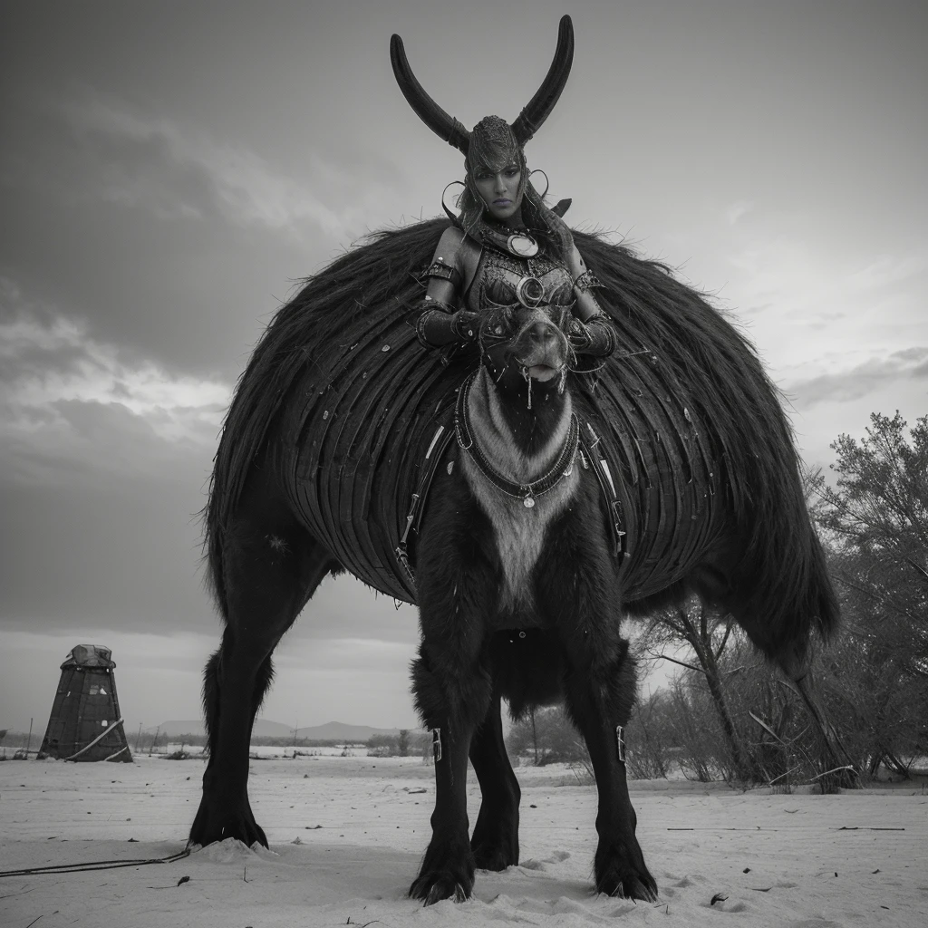 A captivating, high-contrast black and white photograph with striking red, green, and yellow accents. The image, captured by the talented André Uhlisch for National Geographic, features a vibrant, old seestar, dressed in a glistening, elaborate costume. The seestern is adorned with delicate fur arm prosthetics and dust leg prosthetics. standing on top of a big tree In a post-apocalyptic style, the fish rides atop the head of a dog, adding an unexpected and surreal element to the composition.