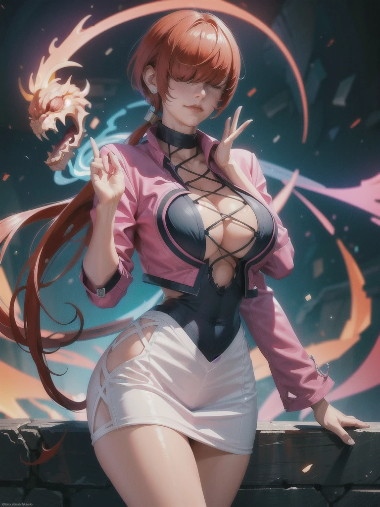 (at night), in a video game scene a blue background of moving circles, standing at attention, pink suit, pink jacket, choker, neckline, cut of clothing, earrings, has long bangs in her hair that covers her eyes ((hair over eyes)), 1 girl, 20 years old, young woman, beautiful finger, beautiful long legs, beautiful body, beautiful nose, beautiful character design, perfect face, looking at viewer with serious gesture (focusing on her face), closed mouth, Light_Smile, official art, extremely detailed CG unity 8k wallpaper, perfect lighting, bright and colorful front lighting, glowing skin (masterpiece: 1.0), (best_quality: 1.0), ultra high resolution, 4K, ultra detailed photography, 8K, HDR, high resolution, absurdities:1.2, Kodak portra 400, film grain, blurred background, bokeh:1.2, lens flare, (vibrant_color:1.2), professional photography, (Beautiful, breasts: 1.4) , (beautiful_face: 1.5), (narrow waist),