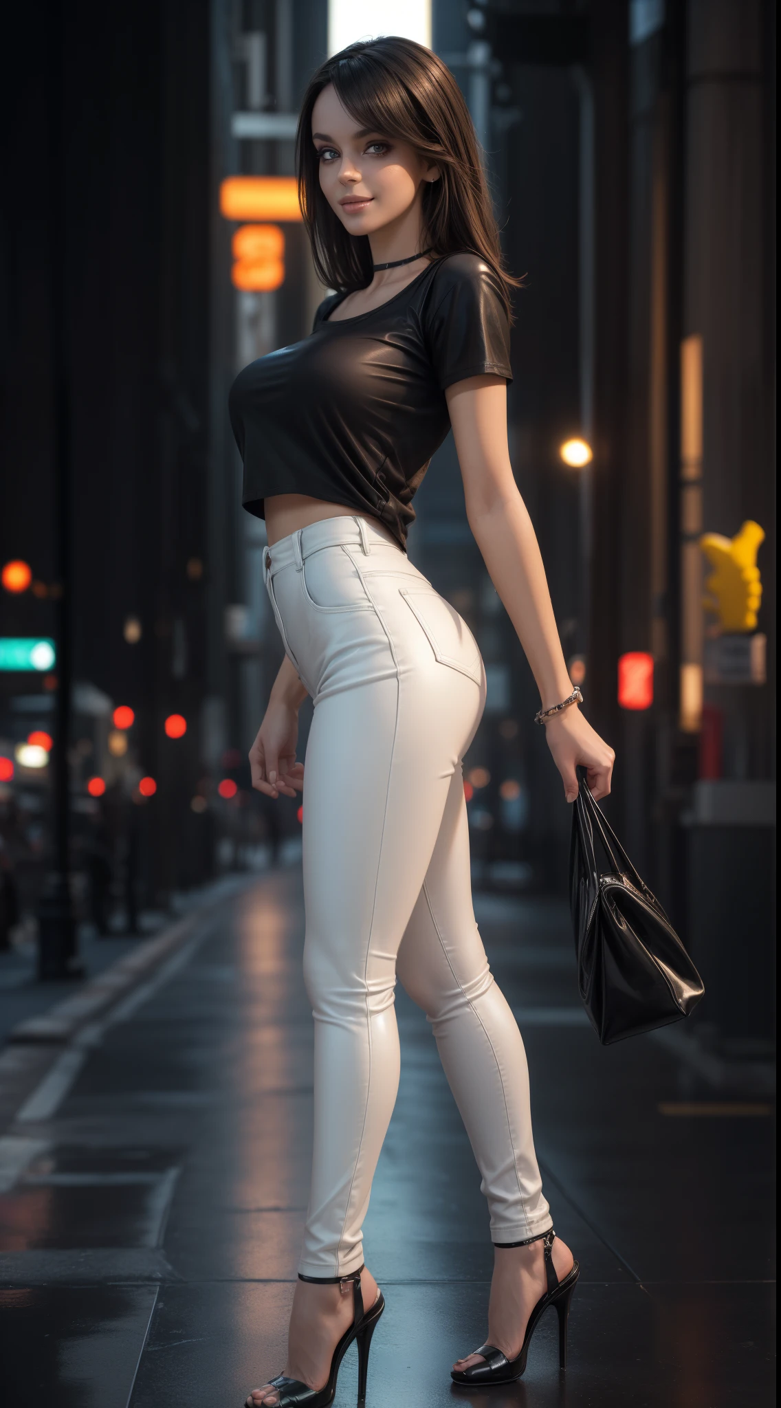 8k, masterpiece, photo and gross, Best Quality, photorealistic, Extremely detailed CG unity 8k wallpaper, depth of field, cinematic light, Lens flare, ray tracing (extremely beautiful face, Beautiful lips, pretty eyes), face with intricate details, ( (ultra detailed skin)) 1 girl, In the dark, deep shadow, Korean pretty girl, kpop idol, 1 girl, (cuerpo musculoso very thin y esbelto: 1.3), (big smile: 1.3), thick thighs, (fashion night, dark night, (neon lights sign), (blurred background), Fashion street night),(There is no one in the background:1.3), Beautiful earrings, bracelet, neck, light eyes, (Pale skin), (large eyes), Thinking in the future, (for the chestnut), (full body shot), ((White leather pants, Black T-shirt with The Simpsons cartoon print)), sexy heels, open chest, very thin, medium breasts, (Photos in various positions..), (full body shot)