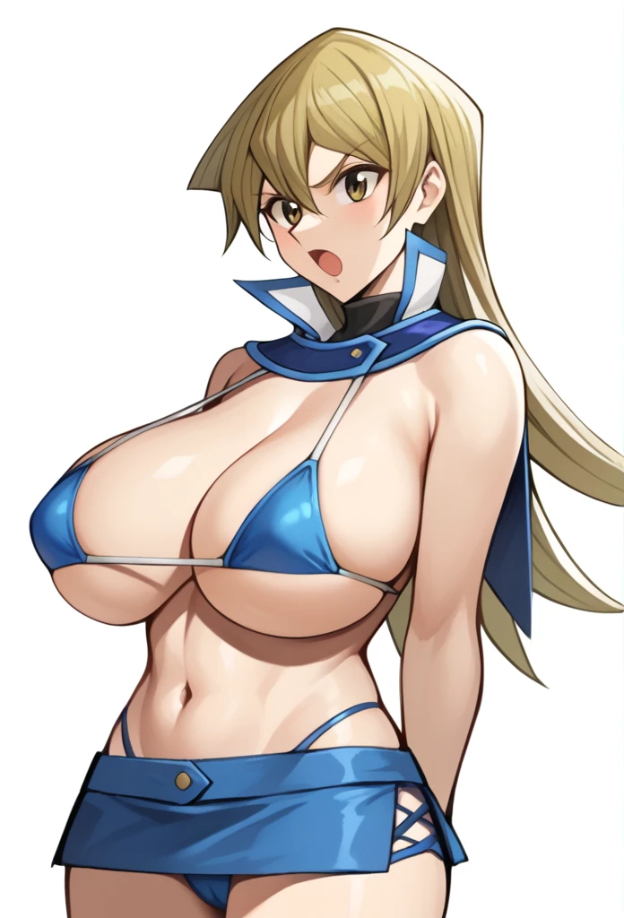 score_9,score_8_up,score_7_up,1girl, arm_behind_back, blonde_hair, brown_eyes, cropped_torso, microbikini, hair_between_eyes, highres, huge_breasts, simple_background, sketch, solo, straight_hair, tenjouin_asuka, turtleneck, very_long_hair, white_background, huge , big breast, sexy, mini skirt, sexy legs, angry, open mouth, blue bikini,