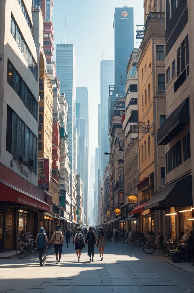 futurecity, giorno, a busy city street full of people walking. The street is flanked by tall buildings, creating a futuristic atmosphere. There are countless people walking down the sidewalk, some carrying bags and backpacks. Some individuals are riding bicycles, adding to the animated scene. With diverse arts and cultures