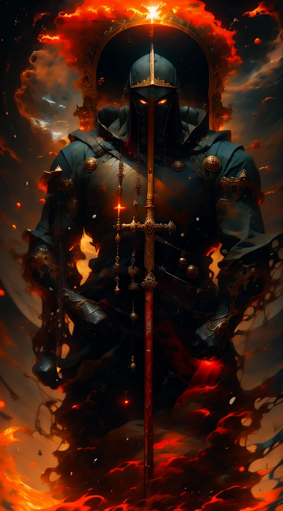 Cosmic, solar system, planets, aliean , warrior,Best quality,masterpiece,ultra high res,1man,whiskers,manly,red glowing eyes,strong body,solo,white hair,long hair,water,waves,lips,upper body,Take the sword.,The best hand,looking at viewer,strong gaze,dynamic shot