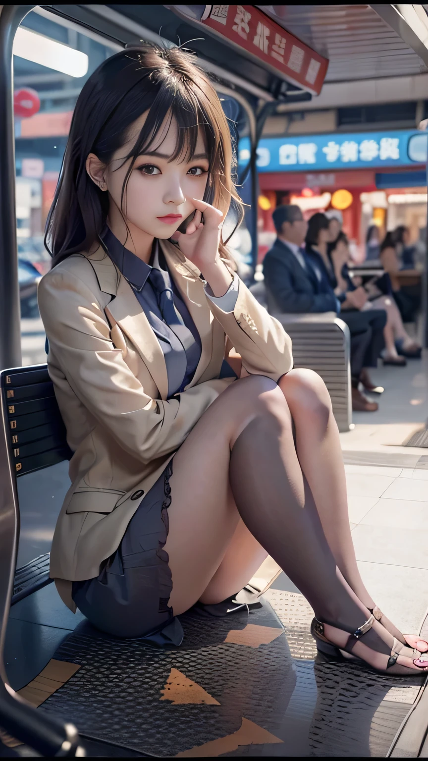 (Actual picture, intricate detailes), 8K(extra detailed face, real looking skin, Realistic body),Surrealism watching over the viewer, 8K, Super Detail, ccurate, Best Quality, nffsw, retinas, retinas, masutepiece, Anatomically correct, Textured skin, Super Detail, high details, High quality, awardwinning, Best Quality, hight resolution, 8K,1womanl,独奏,Woman sitting cross-legged on a bench at a bus stop,A detailed face,taken with a canon eos 5 d, Black Long Hair, hime-cut, surrealism, F/4.0, 85 mm,Snapshots,Girl in suit,OL Uniform、Office Clothes, various poses shooting photos,a beautiful detailed girl、extremely detailed eye and face、beatiful detailed eyes,,Style like destiny, Girl in suit,Thin leg,skinny thigh,Cute elegant pose, 25Year old girl,Elegant Pose,cute face,deep in the night,Beautiful Girl,Street,Under the streetlight,Streetlight, Wearing a strict business suit,Sitting on the ground, Japan school uniform,Small breasts glasses,