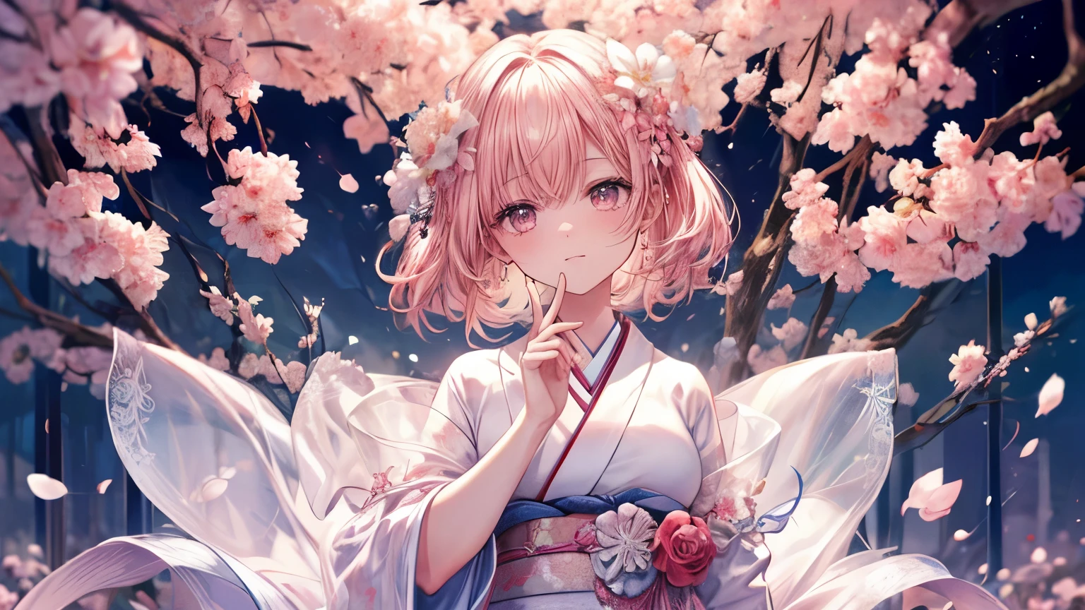 8k resolution, ((of the highest quality)), ((obra maestra)), ((super detailed)), (Muy delicado y hermoso), con a girl, solo, gentle expression, Ella es muy(relajarse)con(calma)apariencia, cabello rosado, Depth of written limits., sonrisa brillante, Young Expression, Bright peach eyes, beautiful cabello rosado, hermoso fondo, pelo largo, arte lineal, kimono rosa, Japan, Japan風, Eyes that shine like Flores de cerezo, Ojo superior, ojos maravillosos, Flores de cerezo, Flores de cerezo tree, Flores de cerezo flowers are dancing, parte superior del cuerpo