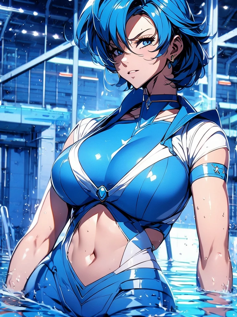 Sailor mercury in full police  suit,long blue hair,Blue Power Ranger, hurricane ,Sexy goth woman big breast, character sheet,inside a pool,High Resolution, Large breasts, cyber samurai,
￼