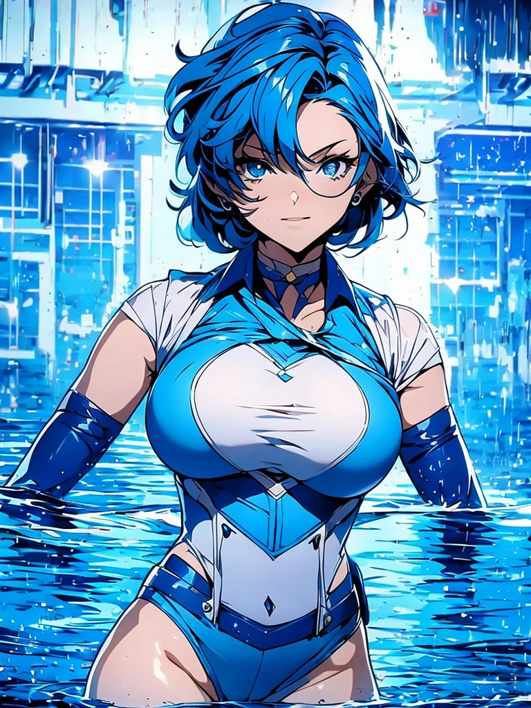 Sailor mercury in full police suit,long blue hair,Blue Power Ranger, hurricane ,Sexy goth woman big breast, character sheet,inside a pool,High Resolution, Large breasts, cyber samurai,
