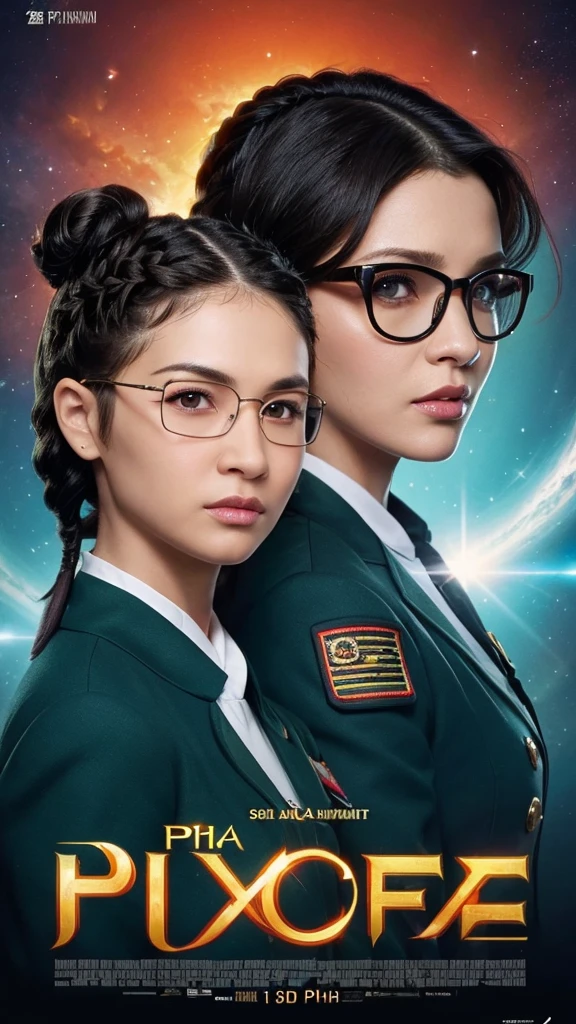 Movie Poster,((Pia hairstyles : 1.5)),Anime Reference 86 ,science fiction,sci-fi,movies,War Action movies,space,atmosphere,sky,warship,Many characters,woman,adult,green eyes,black hair,(Pia hairstylesหน้าม้า) : 1.8 ),(red glasses),General uniform,white commander uniform,Realistic facial details,realism,3D face,