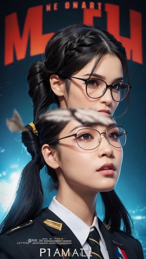 Movie Poster,((Pia hairstyles : 1.5)),Anime Reference 86 ,science fiction,sci-fi,movies,War Action movies,space,atmosphere,sky,warship,Many characters,woman,adult,green eyes,black hair,(Pia hairstylesหน้าม้า) : 1.8 ),(red glasses),General uniform,white commander uniform,Realistic facial details,realism,3D face,