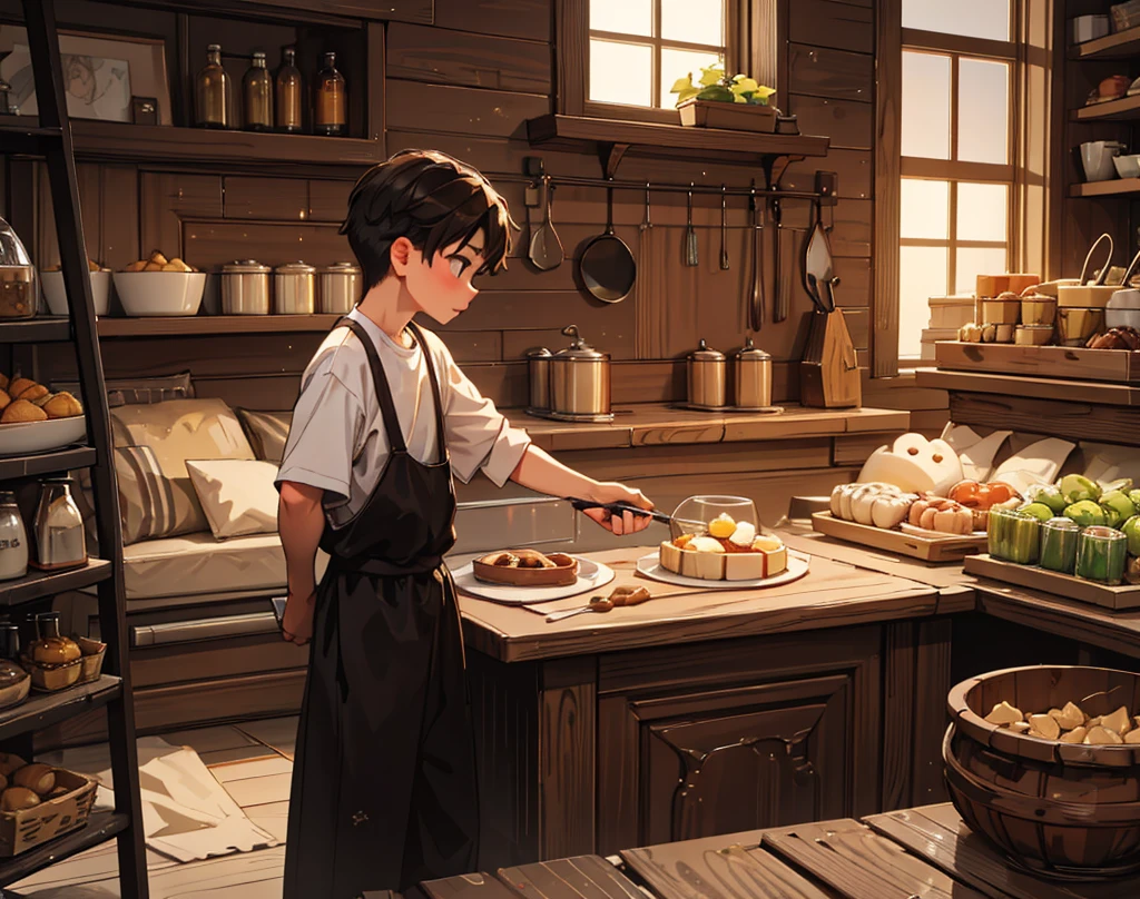 "Confectioner replies slyly, claiming the lighter weight benefits the villager Young ( boy) ."