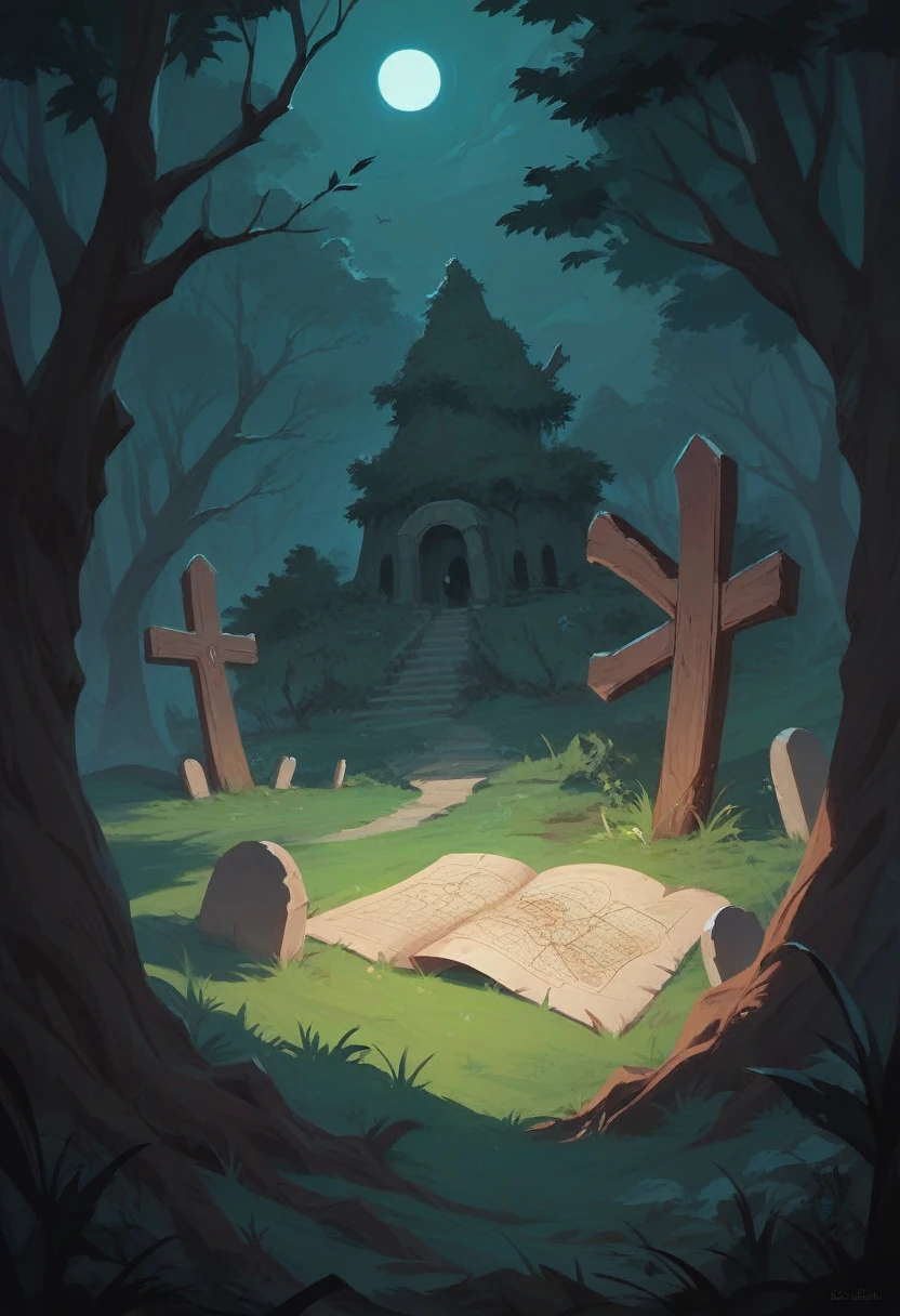 An ancient, human-drawn map of a dark fairytale forest inhabited by all sorts of mythical creatures... grave, cemetery, night, beautiful lighting, 4k, high detail, trees