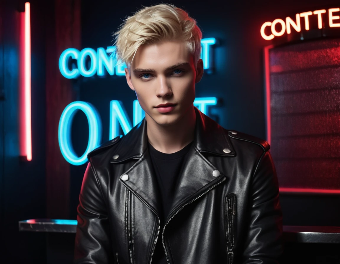 Hyper realistic, dark vibes, solo, young male fashion model, round face shape, 22 years, pale skin, blue eyes, (short textured blond hair:1.1), tussled side swept fringe, black leather jacket, (holding a knife:1.2), dark lighting, in luxury night club room, (smirk:1.1), (neon sign in background that says "CONTEXT":1.1)