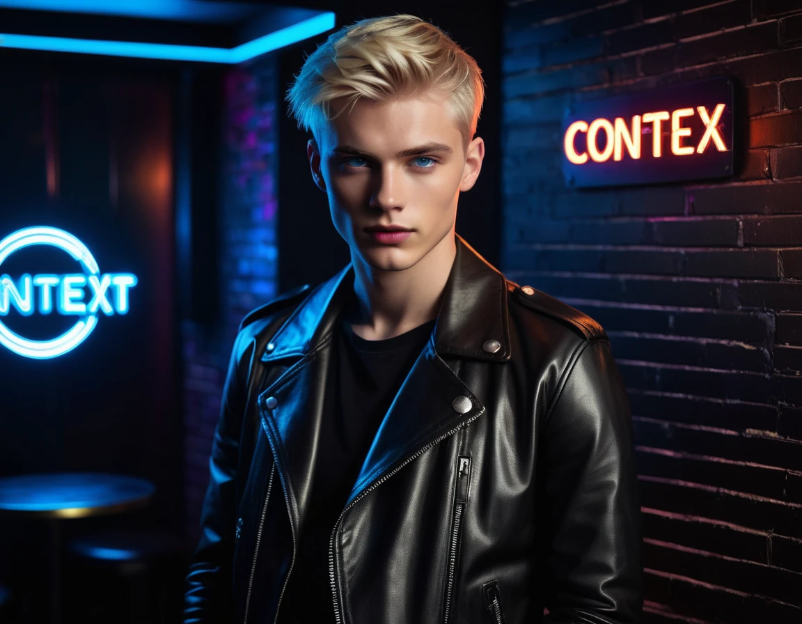 Hyper realistic, dark vibes, solo, young male fashion model, round face shape, 22 years, pale skin, blue eyes, (short textured blond hair:1.1), tussled side swept fringe, black leather jacket, (holding a knife:1.2), dark lighting, in luxury night club room, (smirk:1.1), (neon sign in background that says "CONTEXT":1.1)