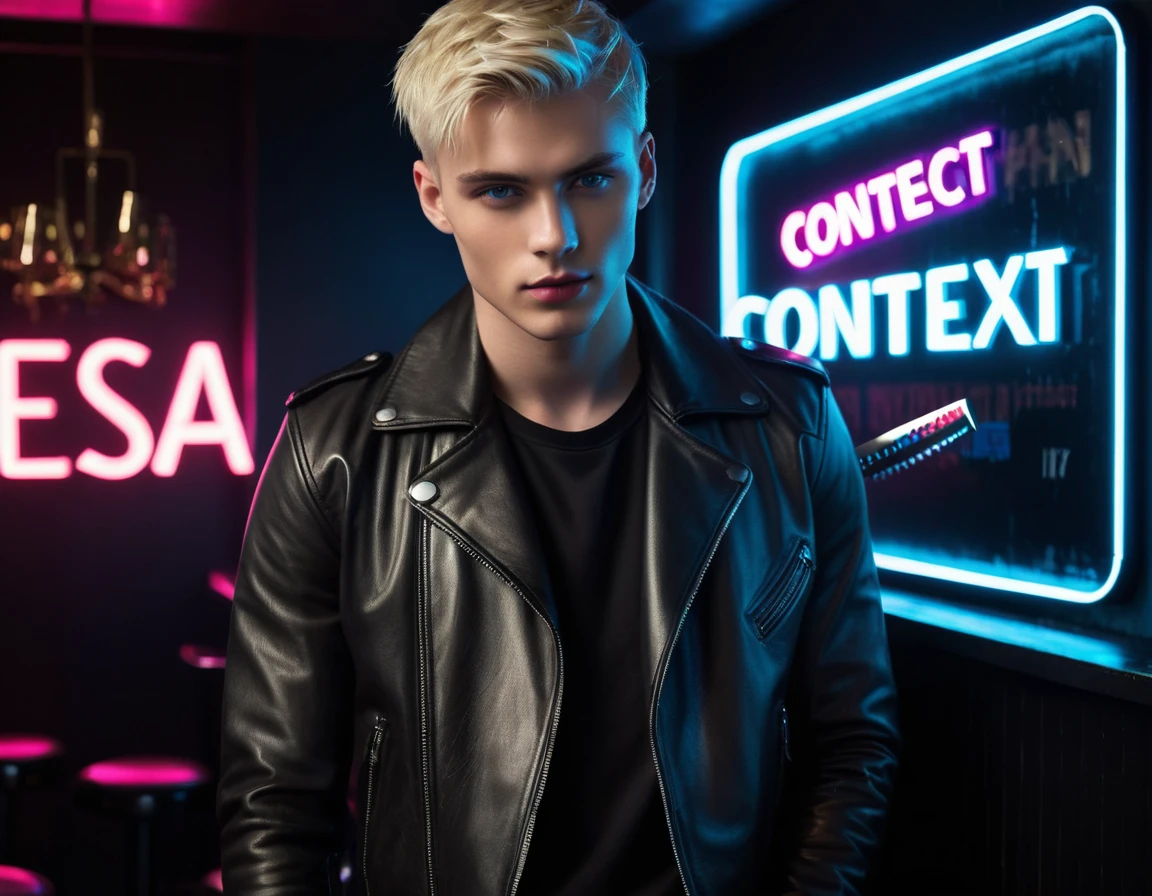 Hyper realistic, dark vibes, solo, young male fashion model, round face shape, 22 years, pale skin, blue eyes, (short textured blond hair:1.1), tussled side swept fringe, black leather jacket, (holding a knife:1.2), dark lighting, in luxury night club room, (smirk:1.1), (neon sign in background that says "CONTEXT":1.1)