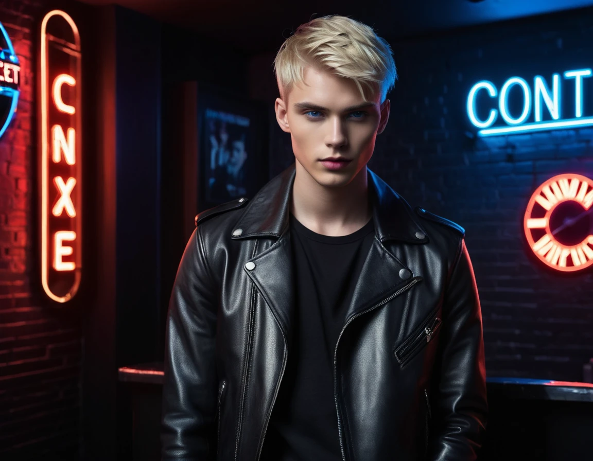 Hyper realistic, dark vibes, solo, young male fashion model, round face shape, 22 years, pale skin, blue eyes, (short textured blond hair:1.1), tussled side swept fringe, black leather jacket, (holding a knife:1.2), dark lighting, in luxury night club room, (smirk:1.1), (neon sign in background that says "CONTEXT":1.1)