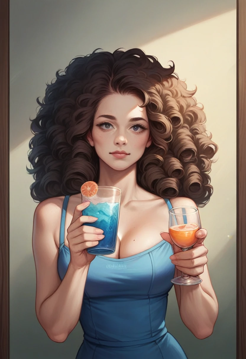 Woman, brunette big hair, curled hair, holding a glass of drink. blue clothing, PICTURE REALISTIC, 4k full hd, extremely lifelike