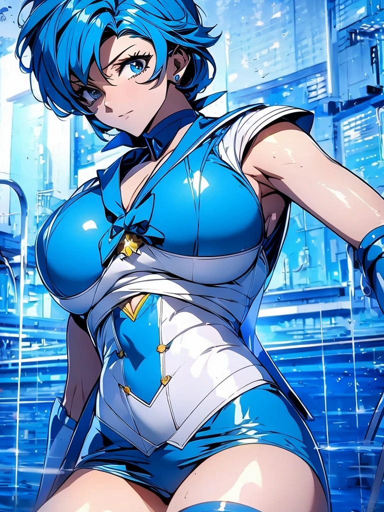 Sailor mercury in full police  suit,long blue hair,Blue Power Ranger, hurricane ,Sexy goth woman big breast, character sheet,inside a pool,High Resolution, Large breasts, cyber samurai,
￼