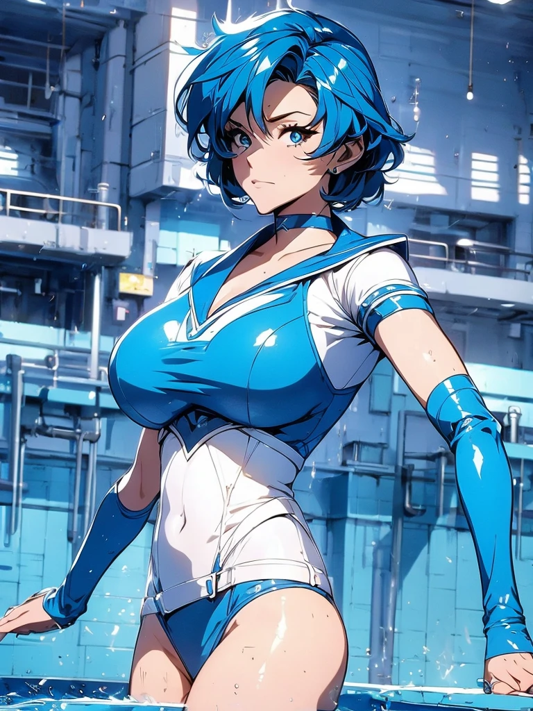 Sailor mercury in full police suit,long blue hair,Blue Power Ranger, hurricane ,Sexy goth woman big breast, character sheet,inside a pool,High Resolution, Large breasts, cyber samurai,
