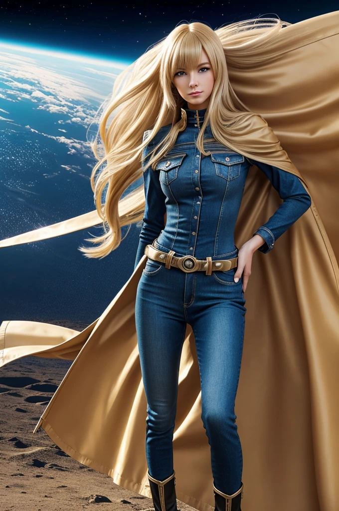 Anime style female character inspired by vintage space opera aesthetics, with elongated facial features, 165 cm tall, having blond, waist-length, wavy hair with V bangs, and blue eyes. She is wearing tight skinny jeans with high boots over them, adding an equestrian touch to her ensemble. The character's design reflects a blend of space opera elements and a realistic body proportion, highlighting her strong yet feminine presence.