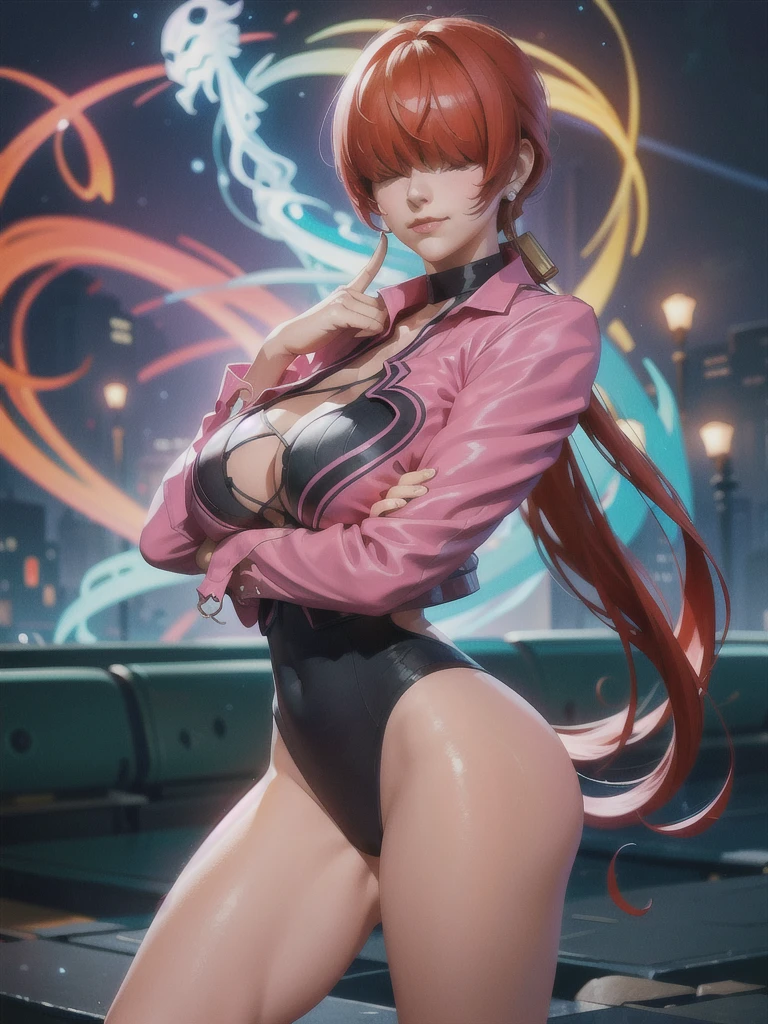 (at night), in a video game scene a blue background of moving circles, standing at attention, pink suit, pink jacket, choker, neckline, cut of clothing, earrings, has long bangs in her hair that covers her eyes ((hair over eyes)), 1 girl, 20 years old, young woman, beautiful finger, beautiful long legs, beautiful body, beautiful nose, beautiful character design, perfect face, looking at viewer with serious gesture, she is speaking phone (focusing on his face), closed mouth, Light_Smile, official art, extremely detailed CG unity 8k wallpaper, perfect lighting, bright and colorful front lighting, glowing skin (masterpiece: 1.0), (best_quality: 1.0), resolution ultra high, 4K, ultra detailed photography, 8K, HDR, high resolution, absurd:1.2, Kodak portra 400, film grain, blurred background, bokeh:1.2, lens flare, (vibrant_color:1.2), professional photography, (Beautiful , breasts: 1.4), (beautiful_face: 1.5), (narrow waist),