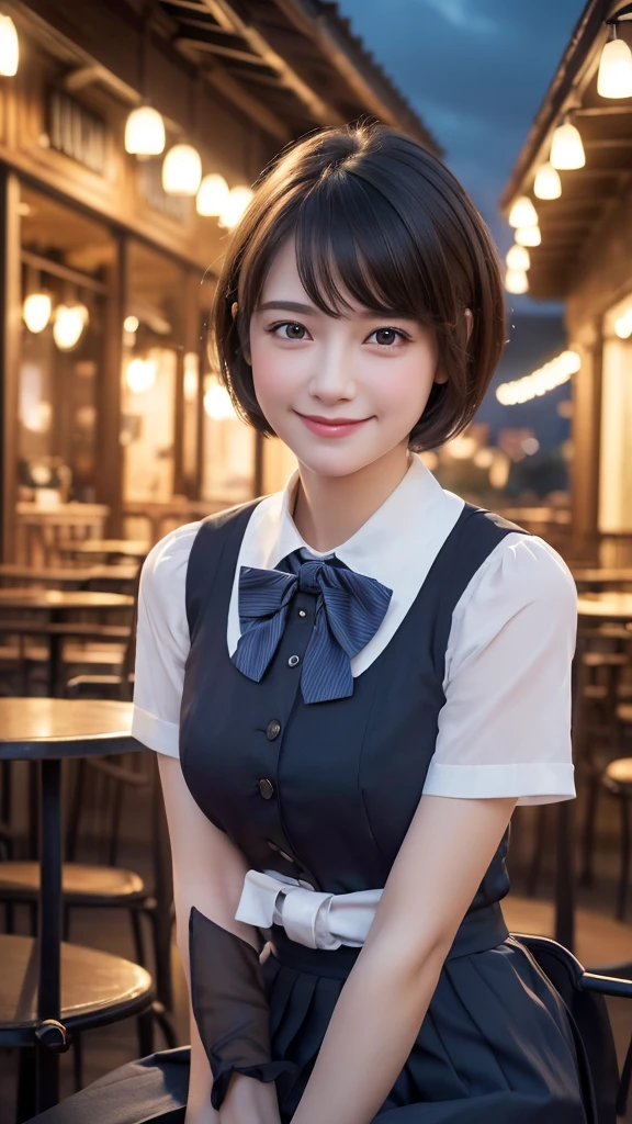 (8ก, best quality, Masterpiece:1.2), (NRF:1.3), (realistic, photo-realistic:1.37), Very detailed, 1 woman,cute, alone,Beautifully detailed sky,Detailed cafe,nighttime,sit,Dating,(nose blush),(smile:1.1),(gag) Medium bust,Beautifully detailed eyes,(collar shirt:1.1), bow tie,pleated skirt,(short hair:1.2),floating hair