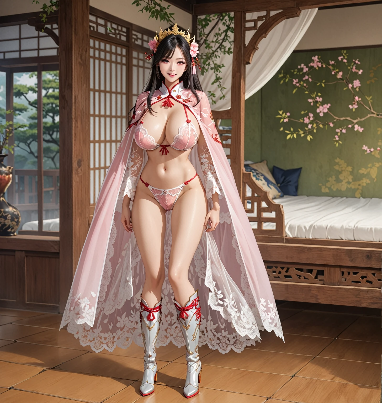 Li Yitong, Long-haired girl，Hungry expression,  Light smile, wearing lace lingerie, Transparent underwear, Underwear red edge pattern, perspective, X-ray lower body，Beautiful fantasy queen, Strong busty princess, extremely detailed goddess shot, blue pink cloak, Boots, cinematic goddess body shot, giant stunning goddess shot, ((Beautiful fantasy queen)), goddess. Extremely high detail, japanese goddess, anime goddess, Gorgeous role-playing, Heavy armor