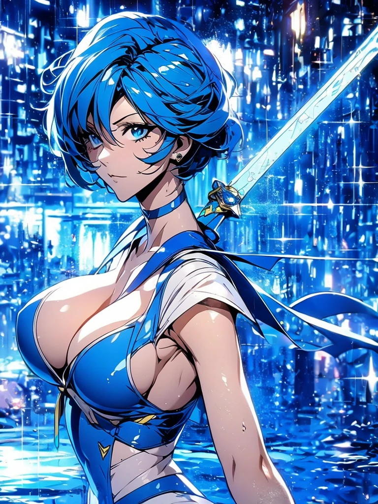 Sailor mercury in full police  suit,long blue hair,Blue Power Ranger, hurricane ,Sexy goth woman big breast, character sheet,inside a pool,High Resolution, Large breasts, cyber samurai,ice swords
￼