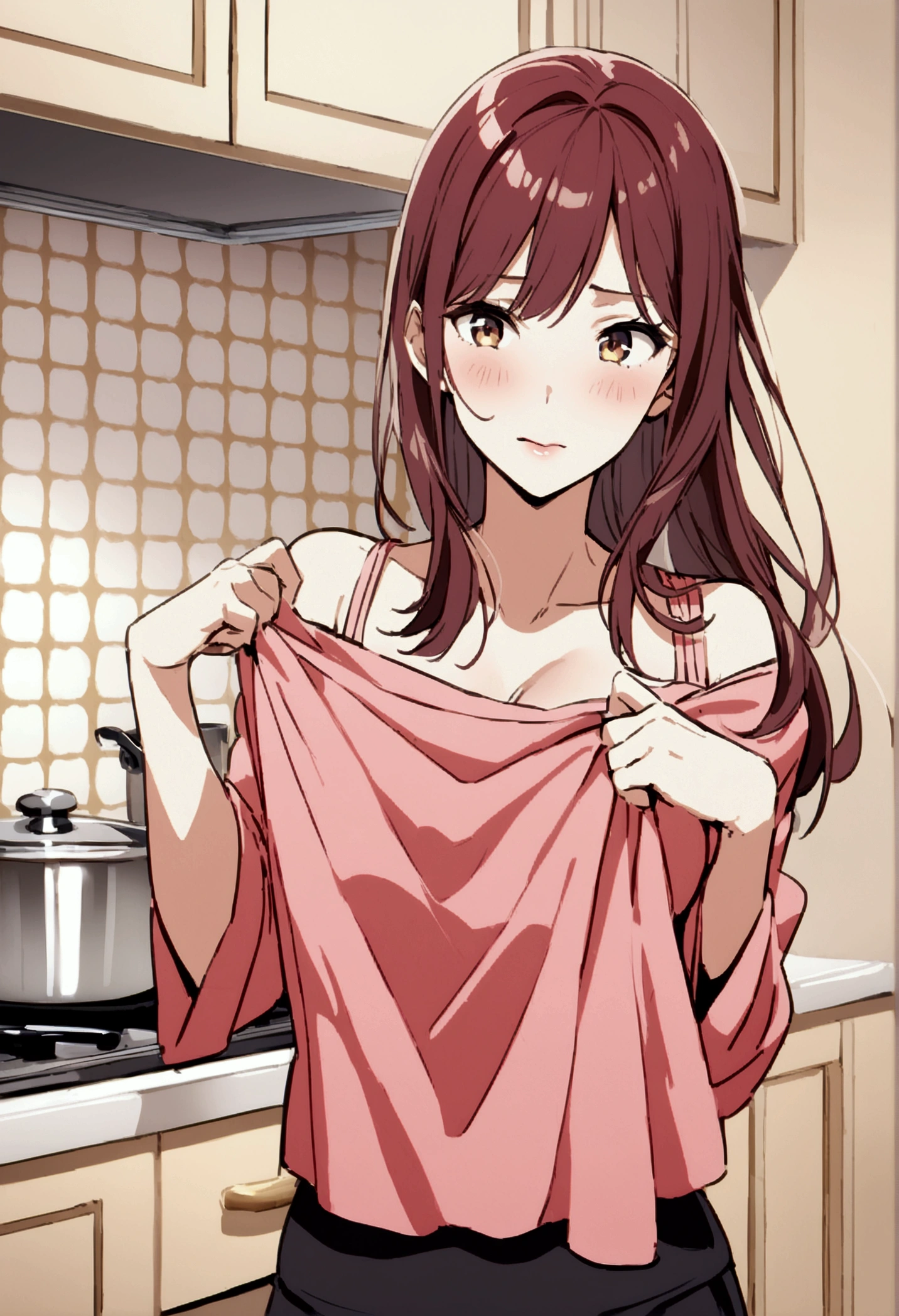 Housewife taking off her clothes, Enjoying horniness. Kitchen background.