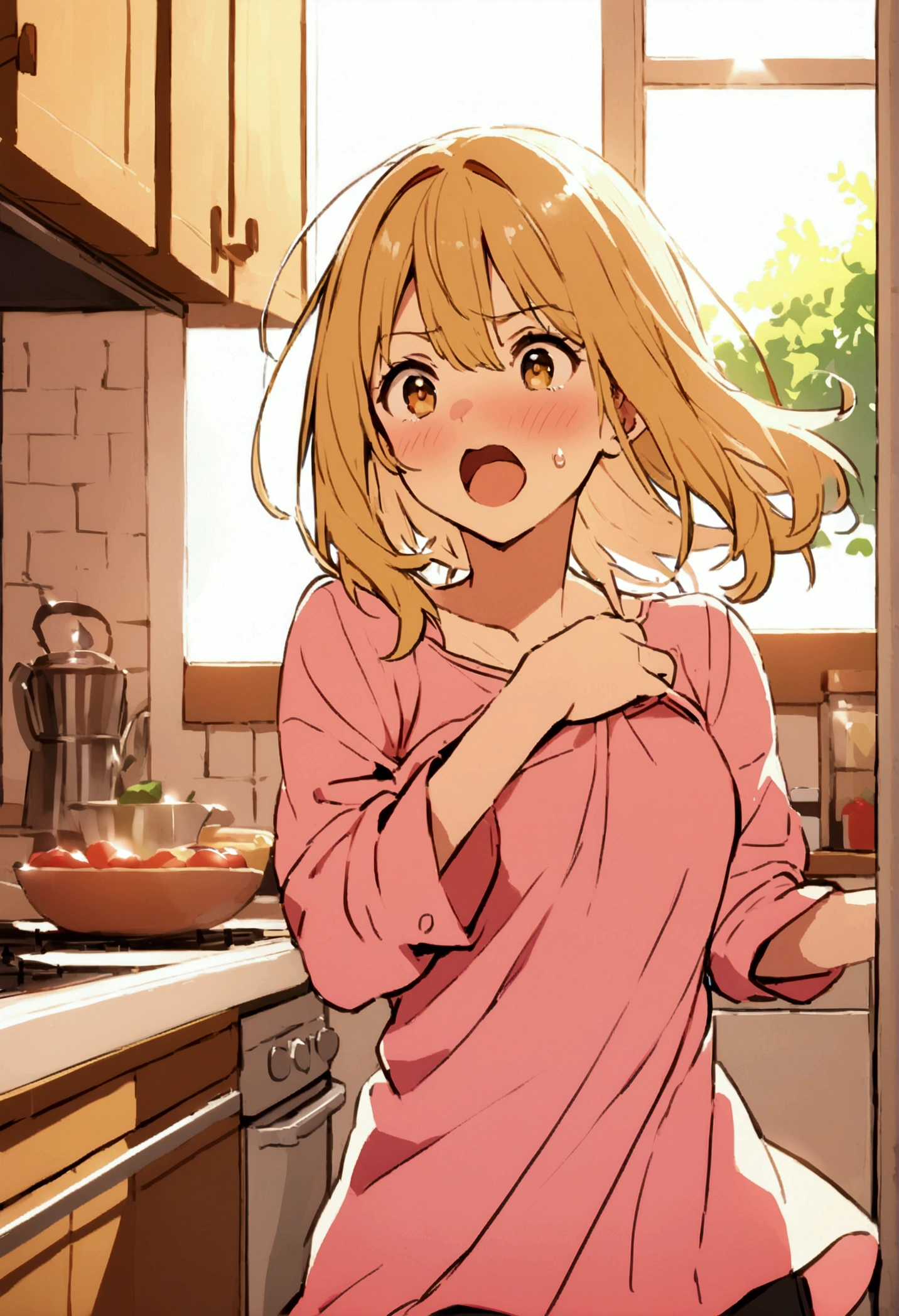 Housewife taking off her clothes, Enjoying horniness. Kitchen background.