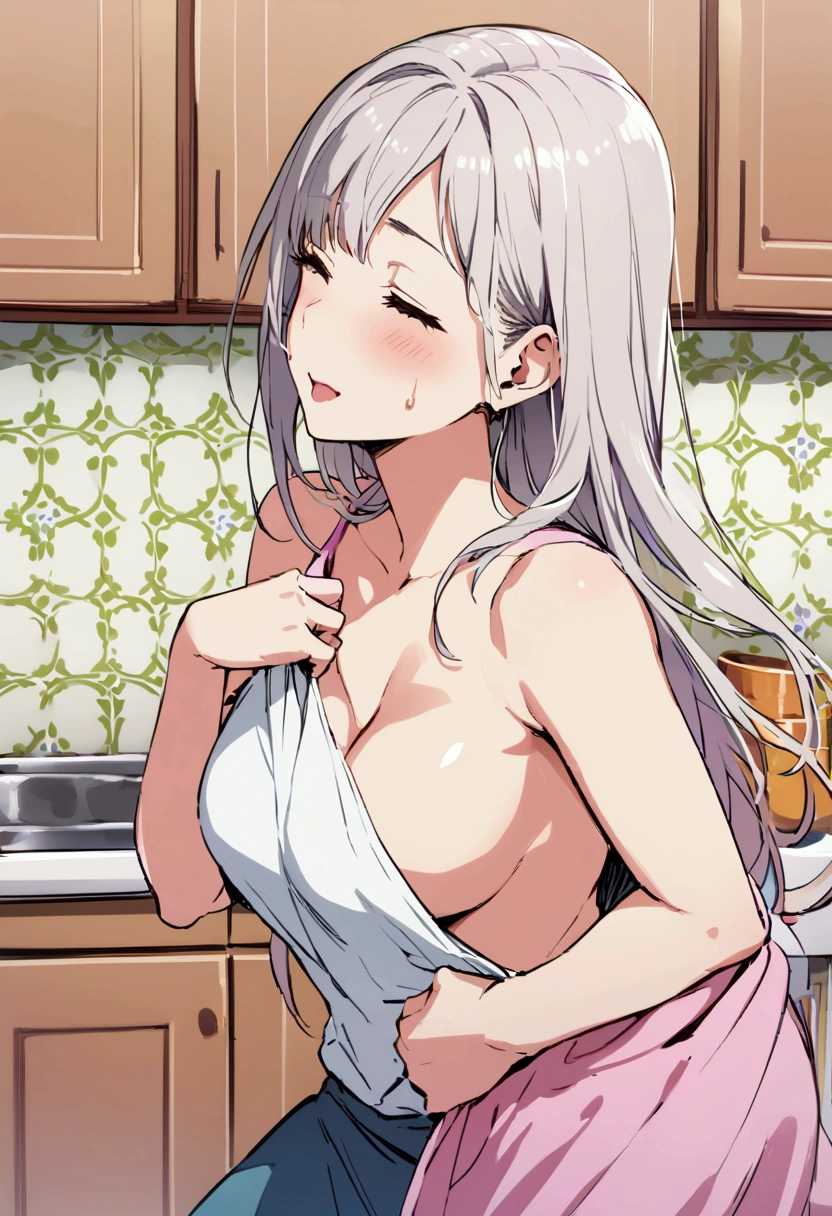 Housewife taking off her clothes, Enjoying horniness. Kitchen background.