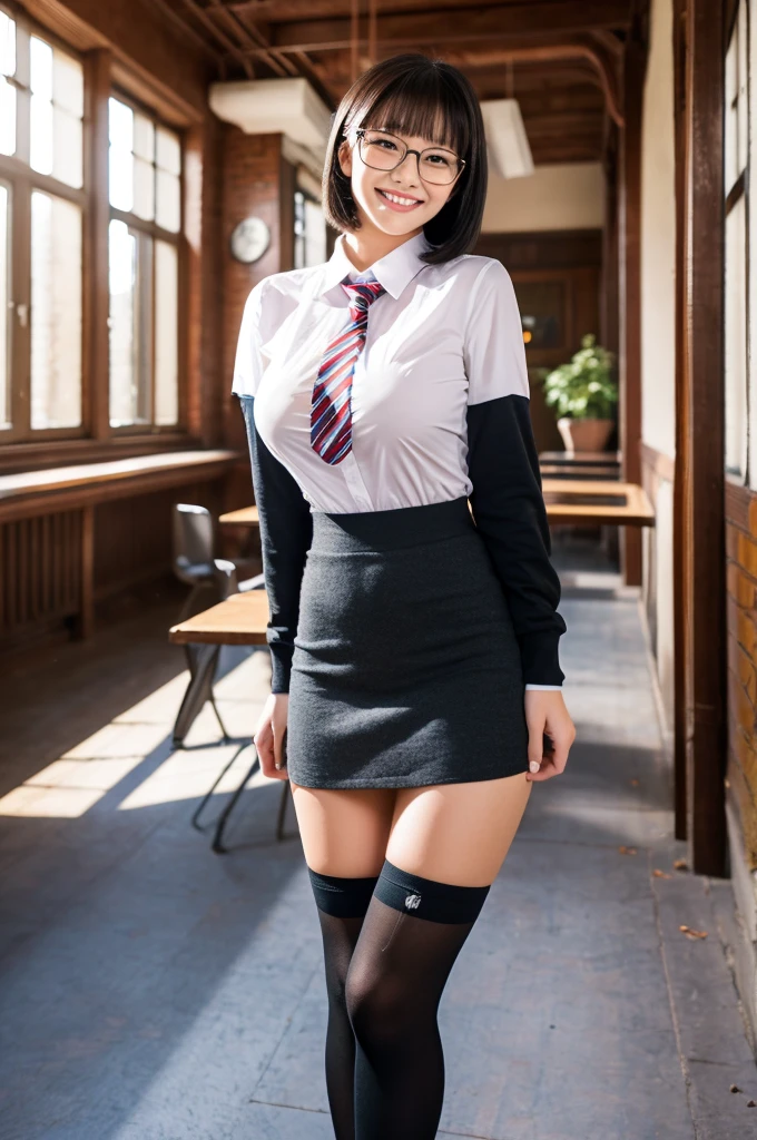 Wearing , Wearing a miniskirt, Standing in knee-high socks. Black Bob Hair, Wearing glasses, Very large breasts, O cup or larger, Smiling Face, nsfw, classroom, Sophisticated atmosphere. The images are of the highest quality, Highly detailed realism and vibrant colors. Lighting is perfectly balanced, Creates a professional and sophisticated look.